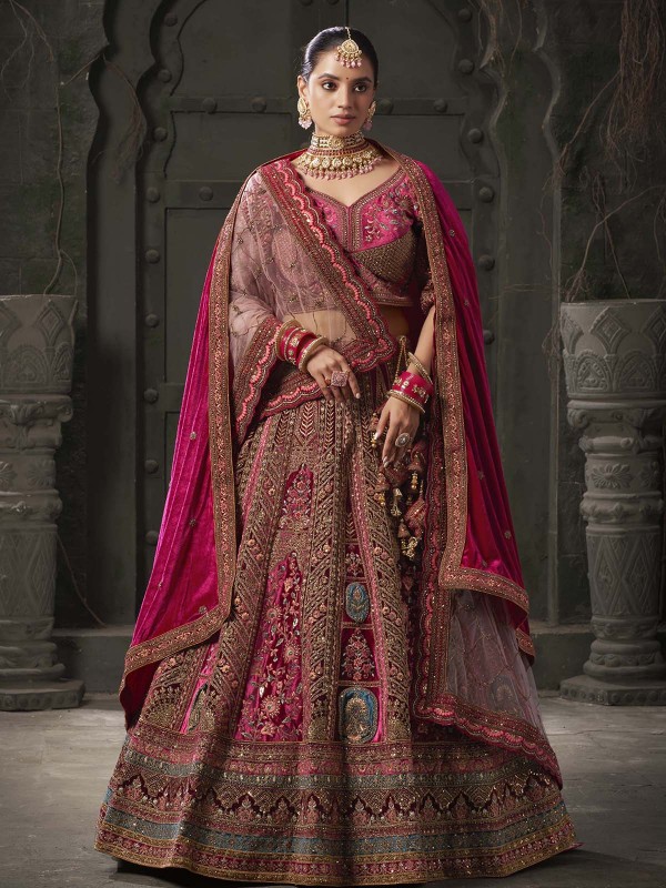 Deep Pink Premium Lycra Velvet Lehenga Choli